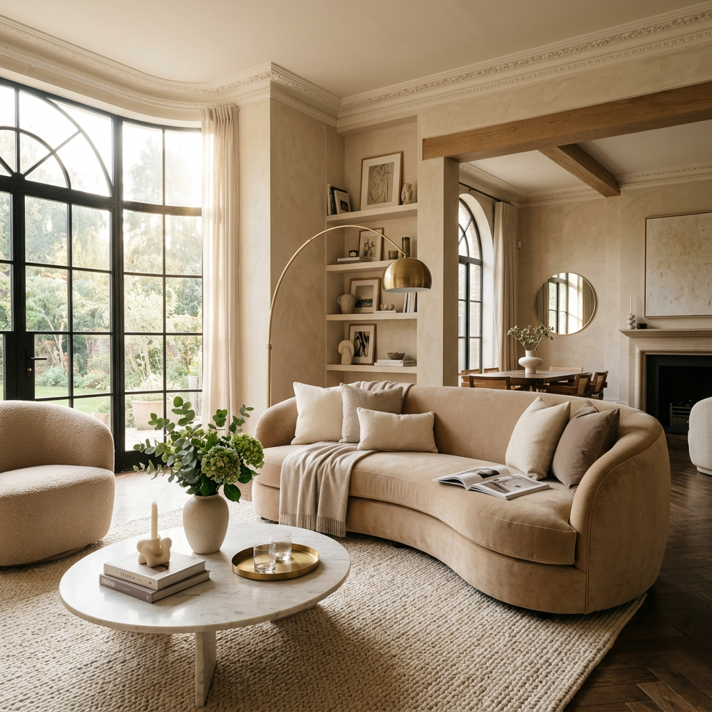 Curved beige sofa with cushions and throw, round white coffee table with vase and books, large arched black-framed windows