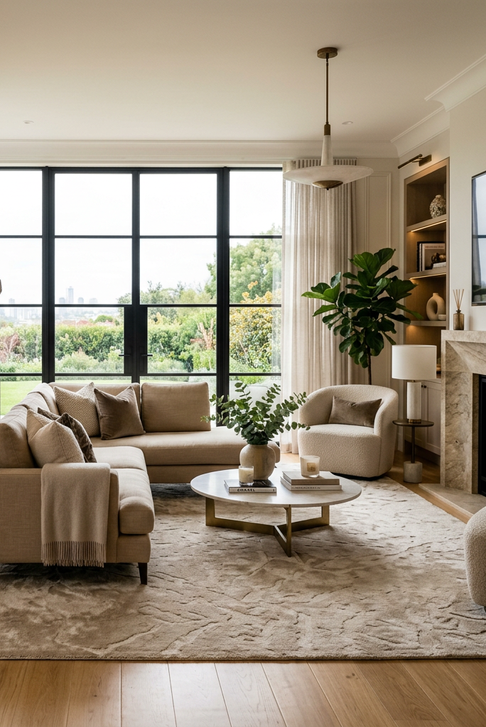 Neutral-toned living room with beige sofa, large windows, sculptural art, and greenery