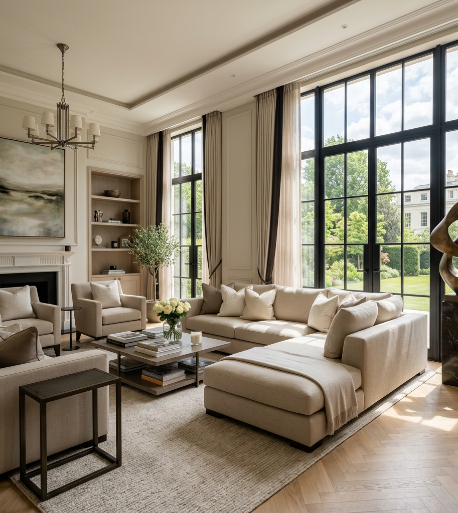 Bright living room with beige sectional sofa, armchairs, coffee table, large windows, and decorative sculpture
