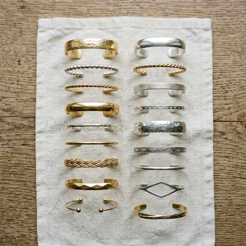 Flat lay gold and silver stackable cuffs