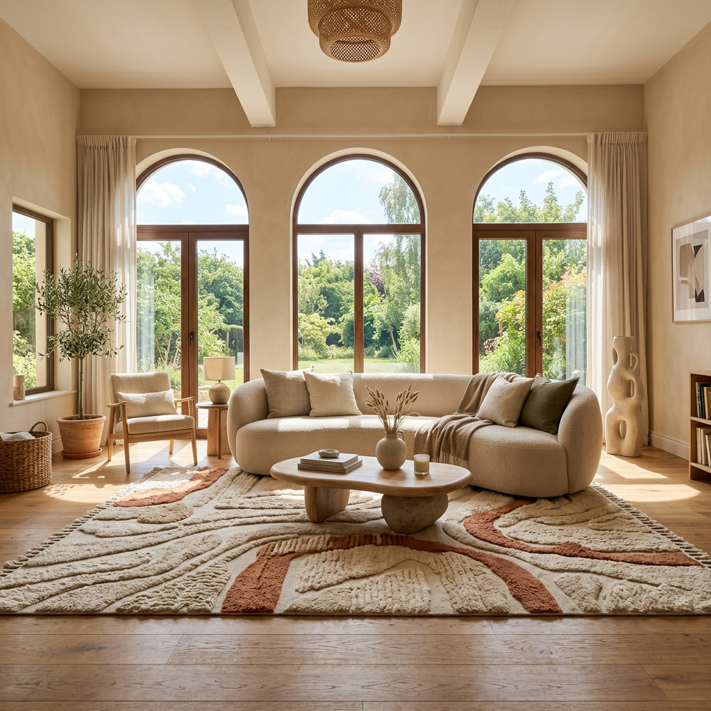 Living room with curved sofa, wooden coffee table, arched windows, and natural decor