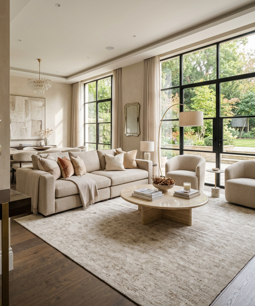 Bright living room with beige sofa, round coffee table, armchairs, and large windows