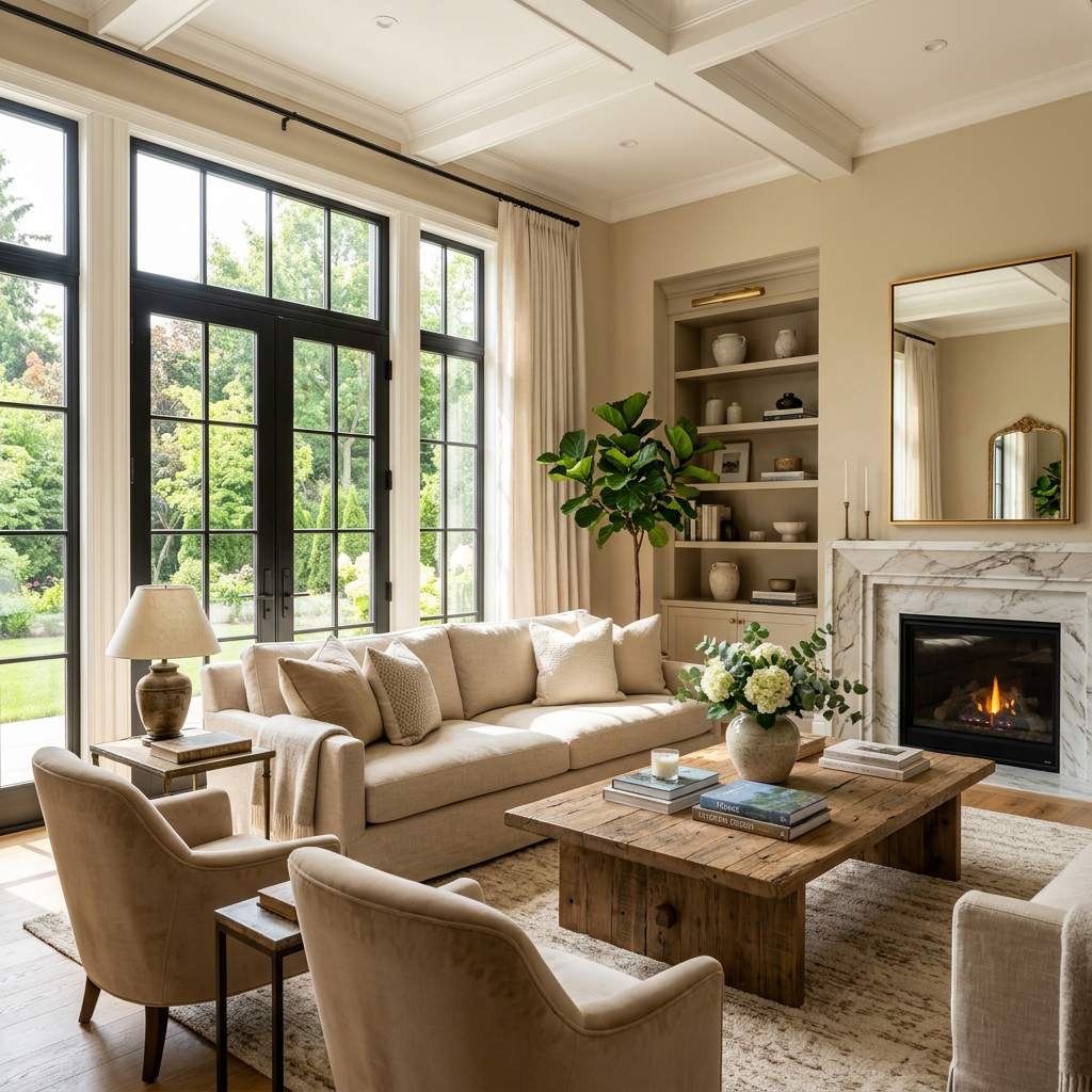 Living room with beige sofa, two armchairs, wooden coffee table, fireplace, built-in shelves, and large floor-to-ceiling windows showing greenery outside