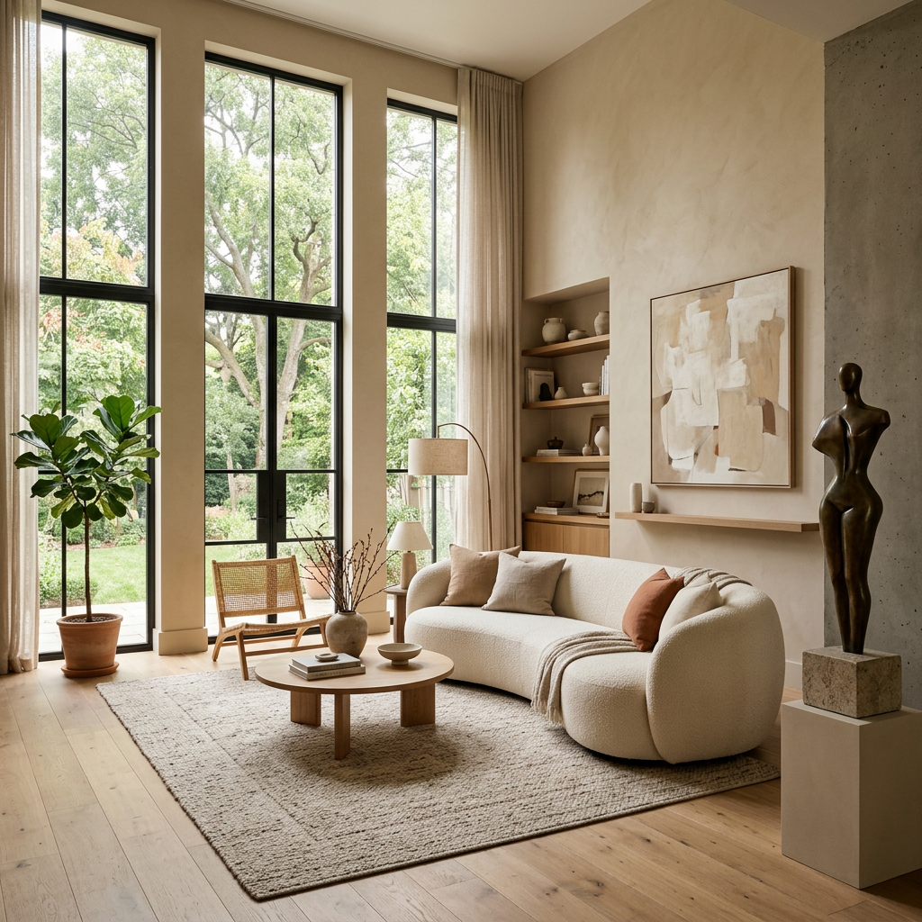 Living room with curved sofa, large windows, abstract art, and sculpture