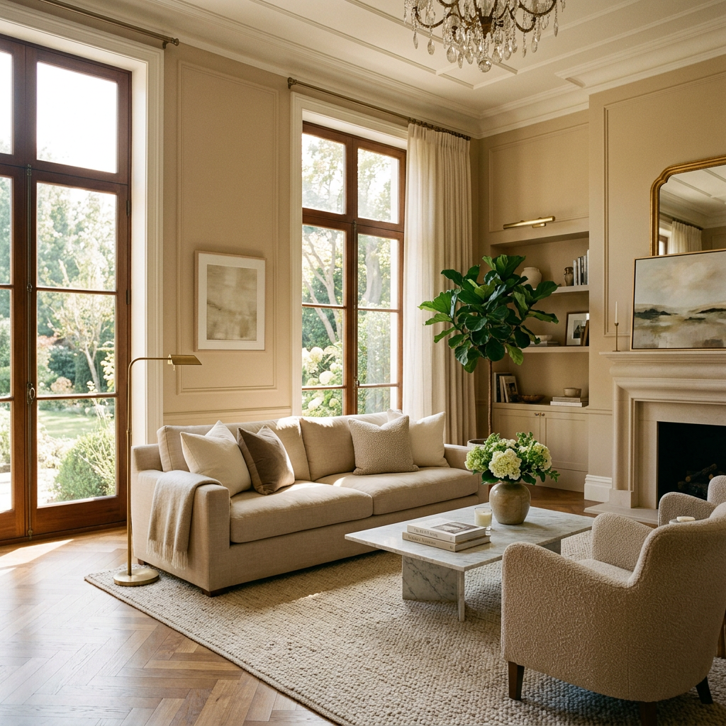 Living room with beige sofa, armchairs, marble coffee table, and large windows overlooking garden