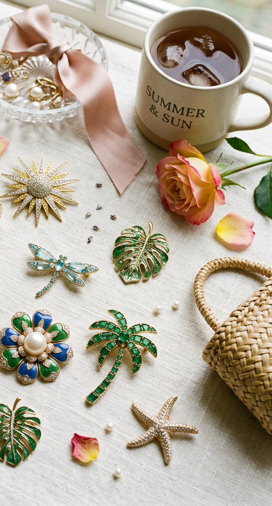 Colorful summer-themed brooches including a butterfly, bee, dragonfly, palm trees, and starfish arranged on a linen cloth with a cup, rose, sunglasses, and notebook