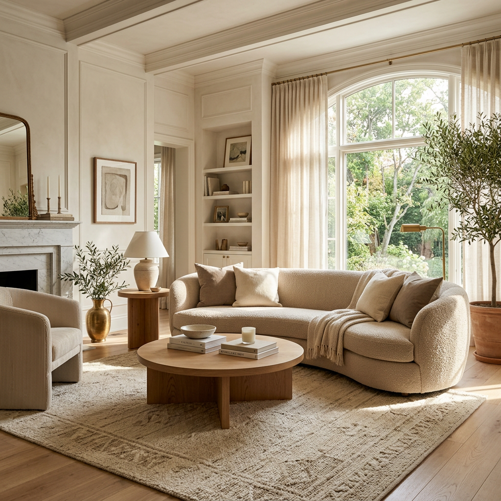 Bright living room with curved beige sofa, armchair, round wooden table, and large window
