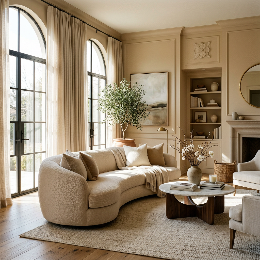 Luxurious beige living room, streaming light, rounded sofa