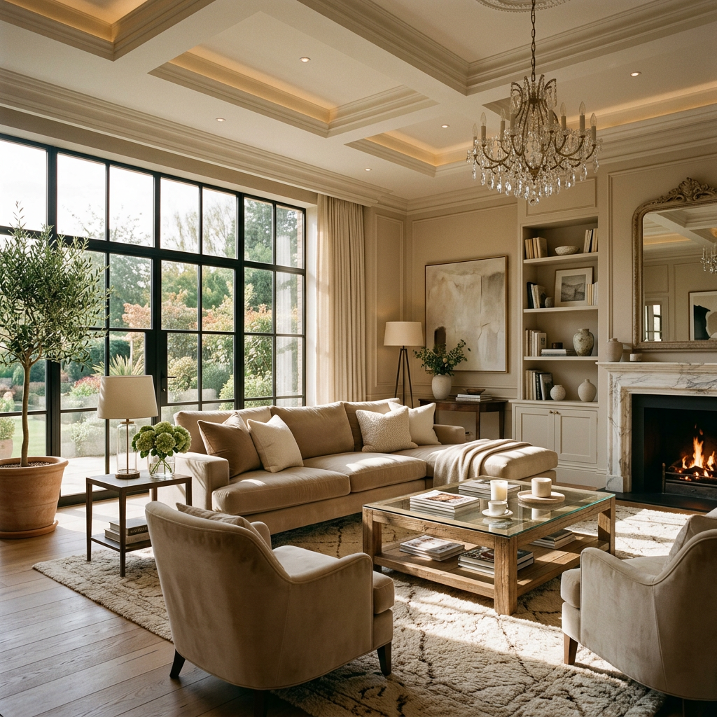 Luxurious beige living room with streaming light