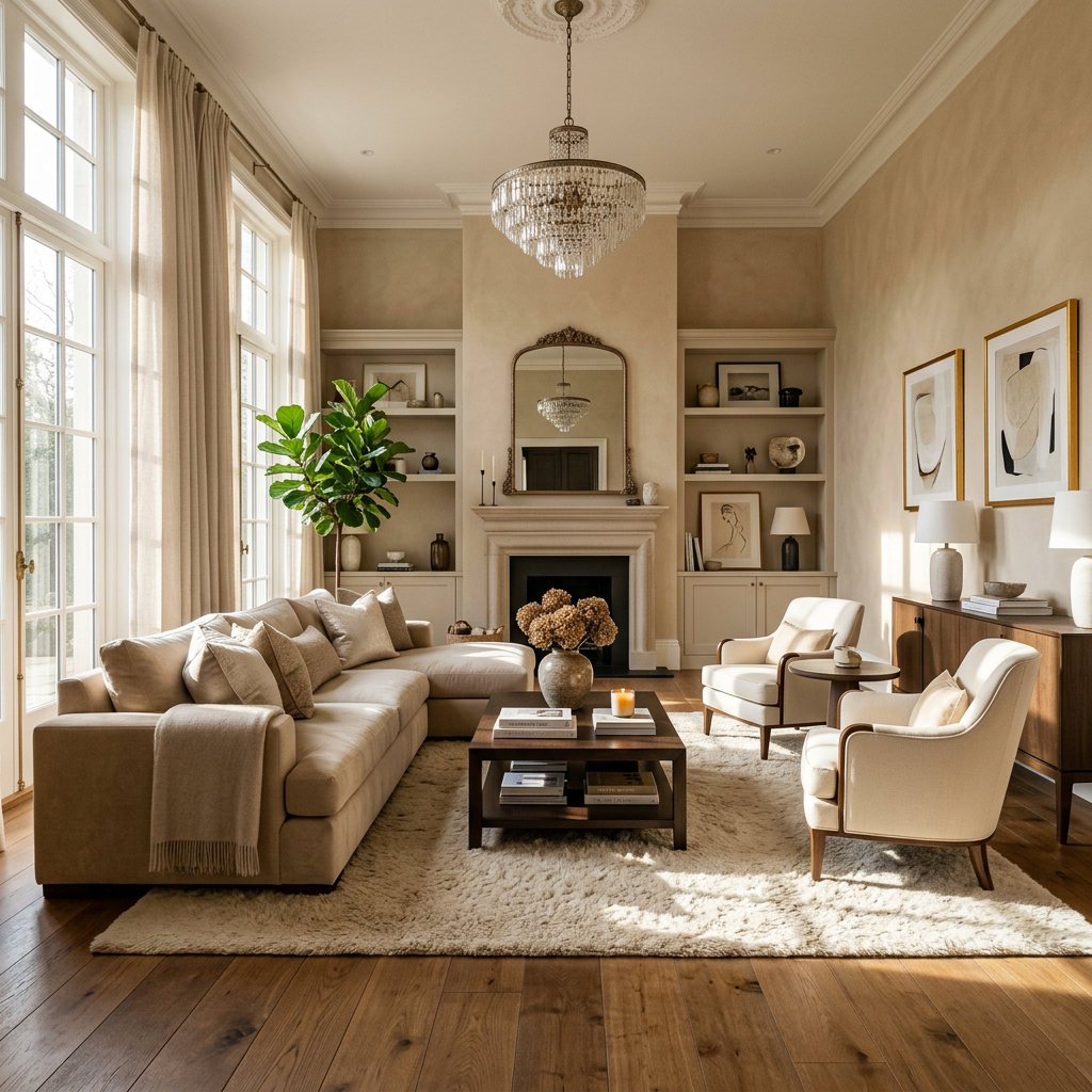 Bright living room with beige sectional sofa, armchairs, and a chandelier