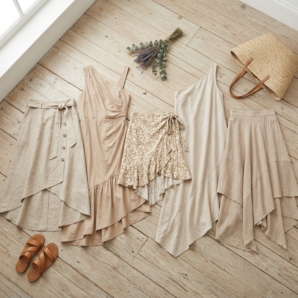 Neutral-toned summer dresses, skirts, sandals, and a woven bag laid out on wooden floor