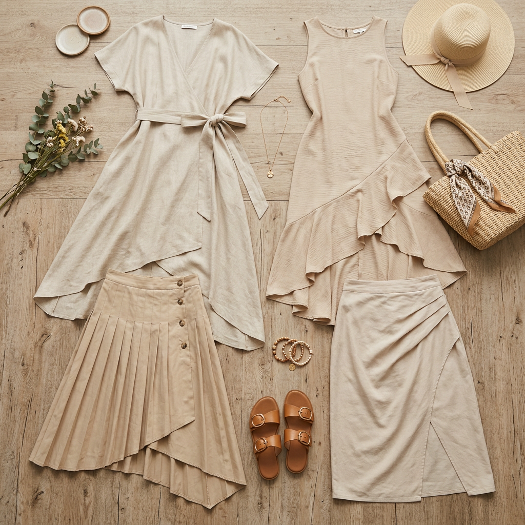Two beige dresses, two skirts, a pair of tan sandals, a straw hat, a wicker handbag with scarf, jewelry, and dried flowers