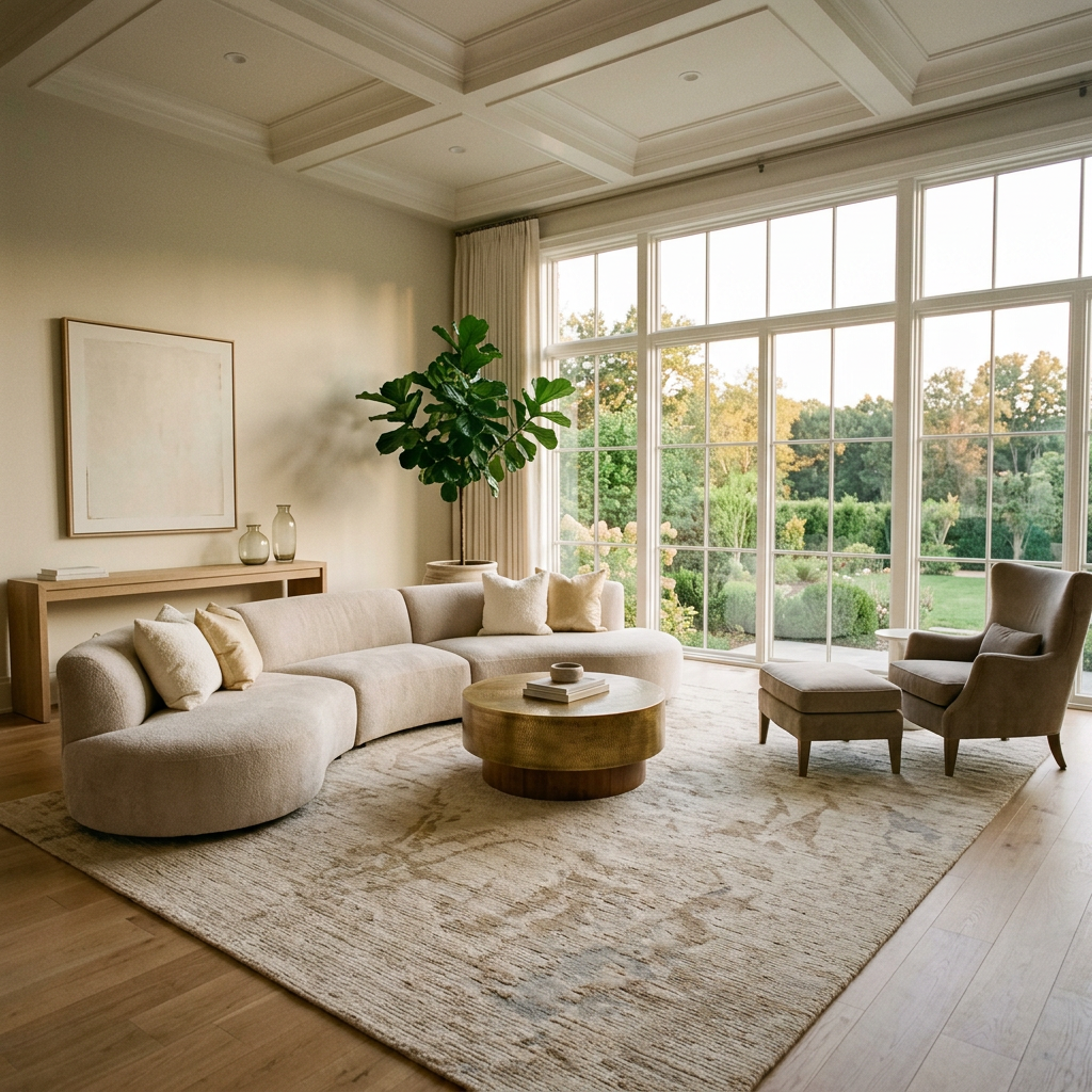 Living room with curved beige sofa, armchair and ottoman, round wooden coffee table, large windows overlooking green garden, and indoor plant.