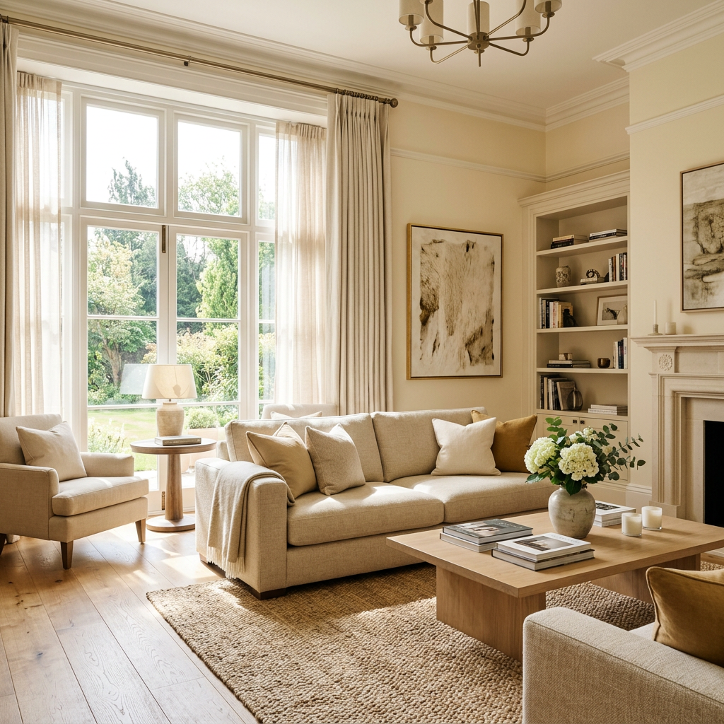 Living room with beige sofa, armchair, wooden coffee table, and large windows