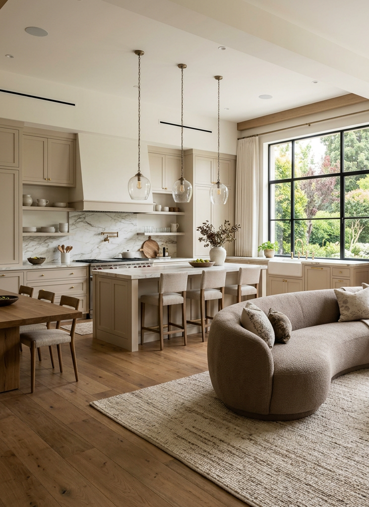 Open-plan kitchen and living area with beige curved sofa, marble countertop island, wooden dining table, and large black-framed windows.