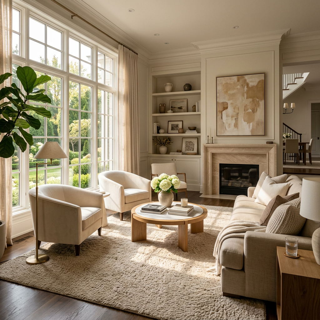 Bright living room with large windows, beige armchairs, sofa, coffee table, and fireplace