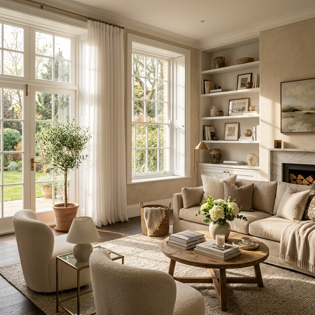 Cozy living room with beige sofa, white armchairs, wooden coffee table, and large windows letting in sunlight
