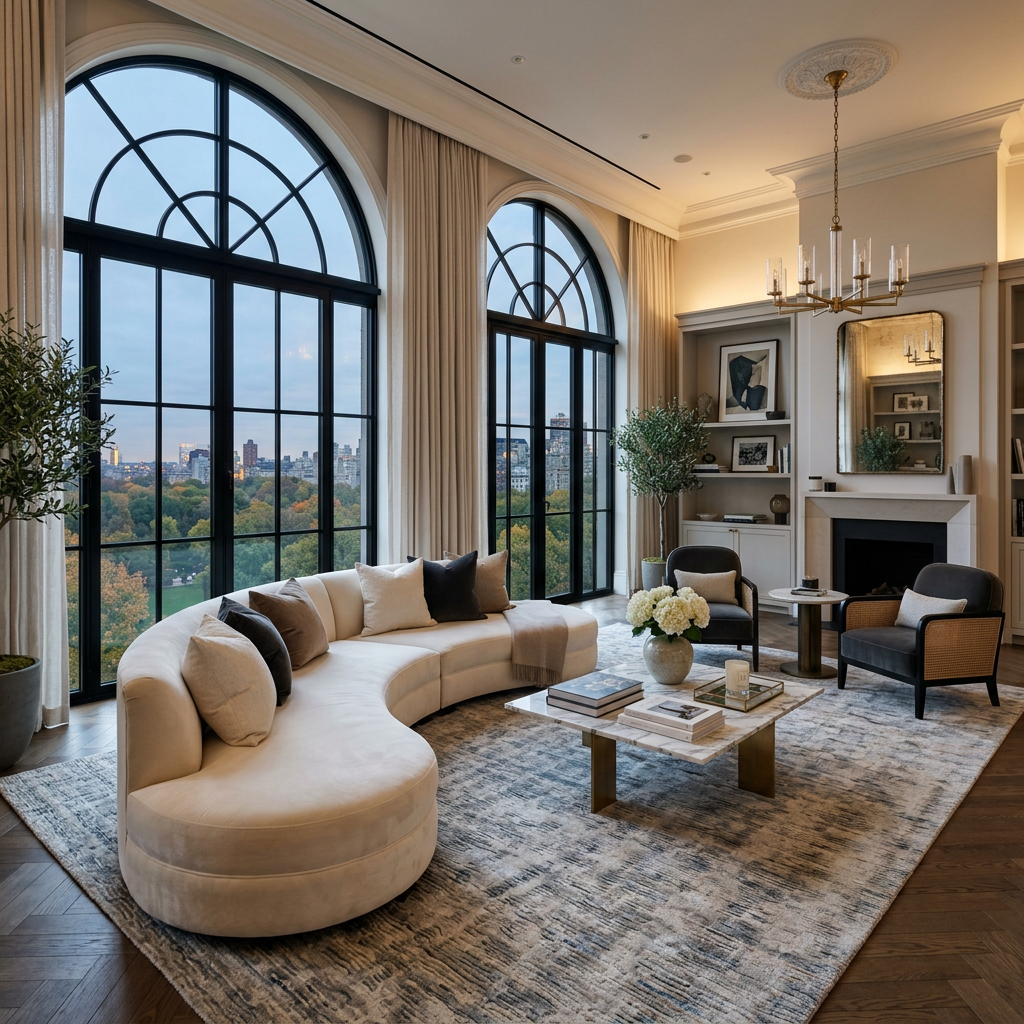 Spacious living room with large arched windows showing Central Park, curved cream sofa, two armchairs, coffee table, and decorative elements
