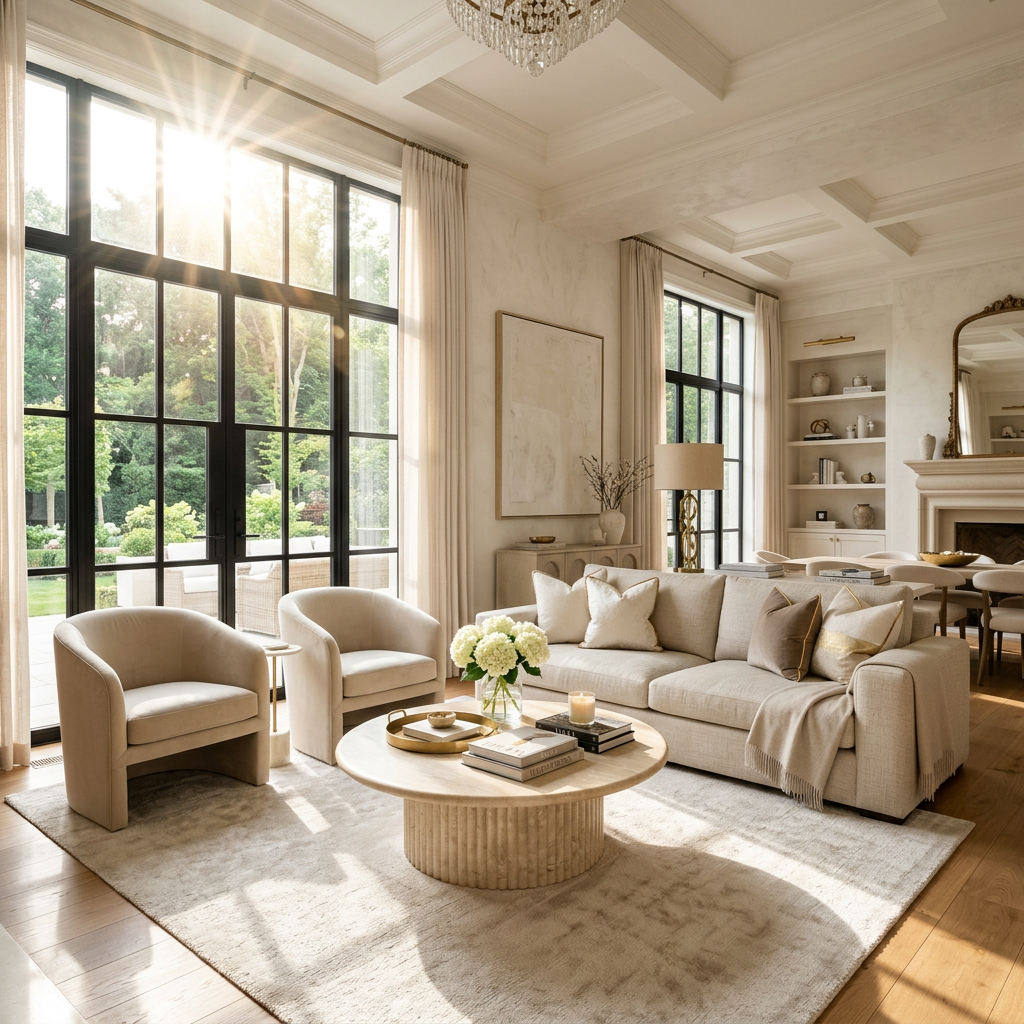 Living room with beige sofa, armchairs, coffee table, large windows, and natural light