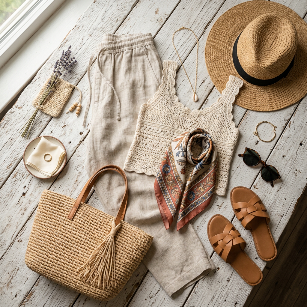 Light beige crochet tank top, linen pants, straw hat, woven bag, sandals, sunglasses, scarf, and jewelry