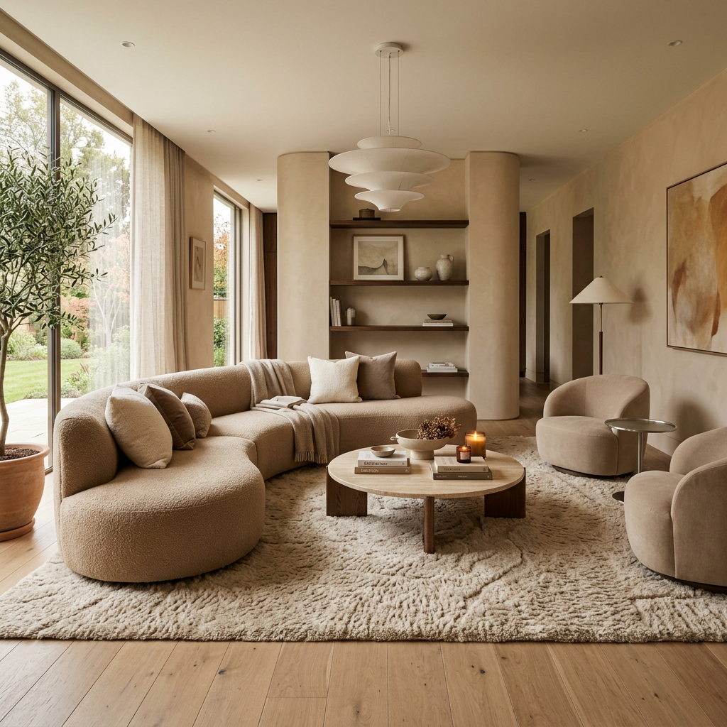 Beige curved sofa with cushions, round wooden coffee table, beige armchairs, soft rug, large windows