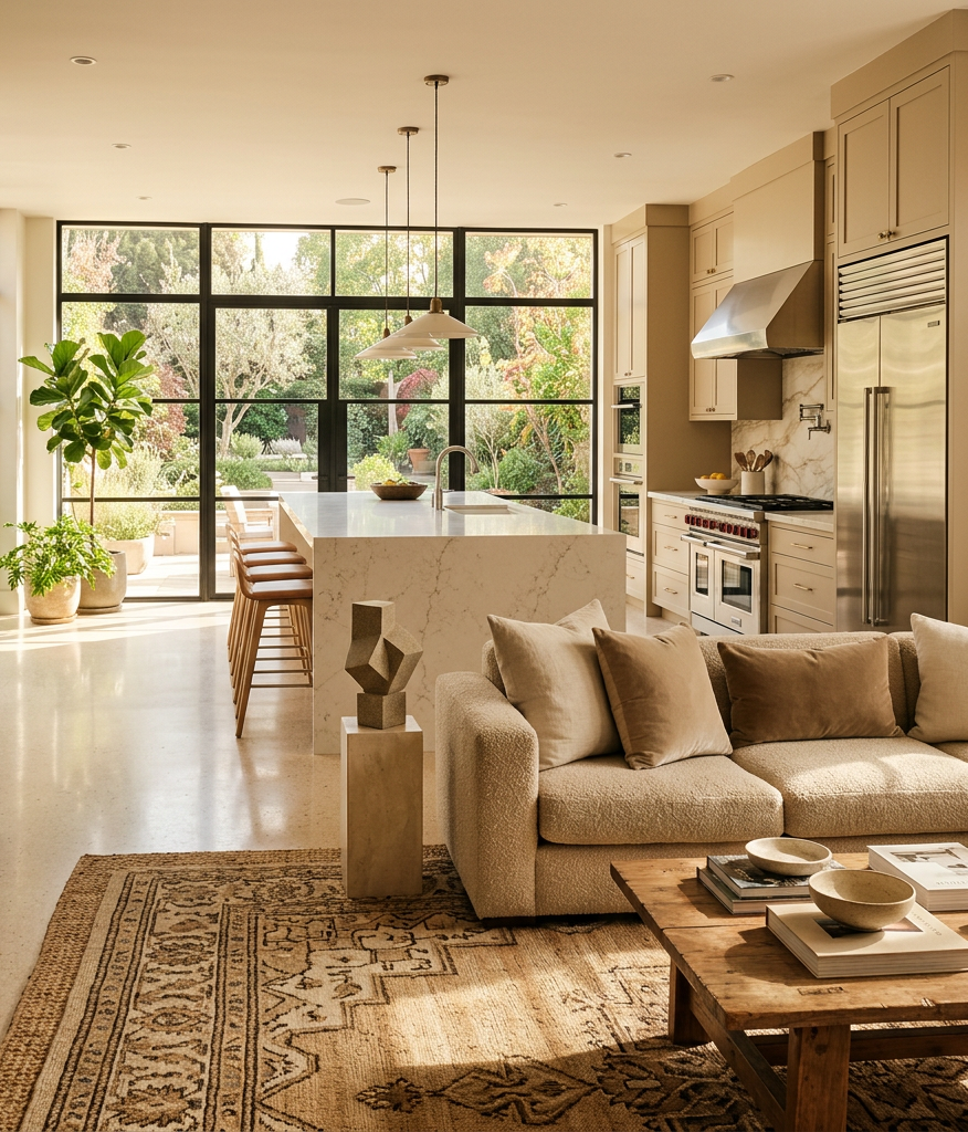 Open kitchen and living room with large windows, kitchen island, sofa, and plants