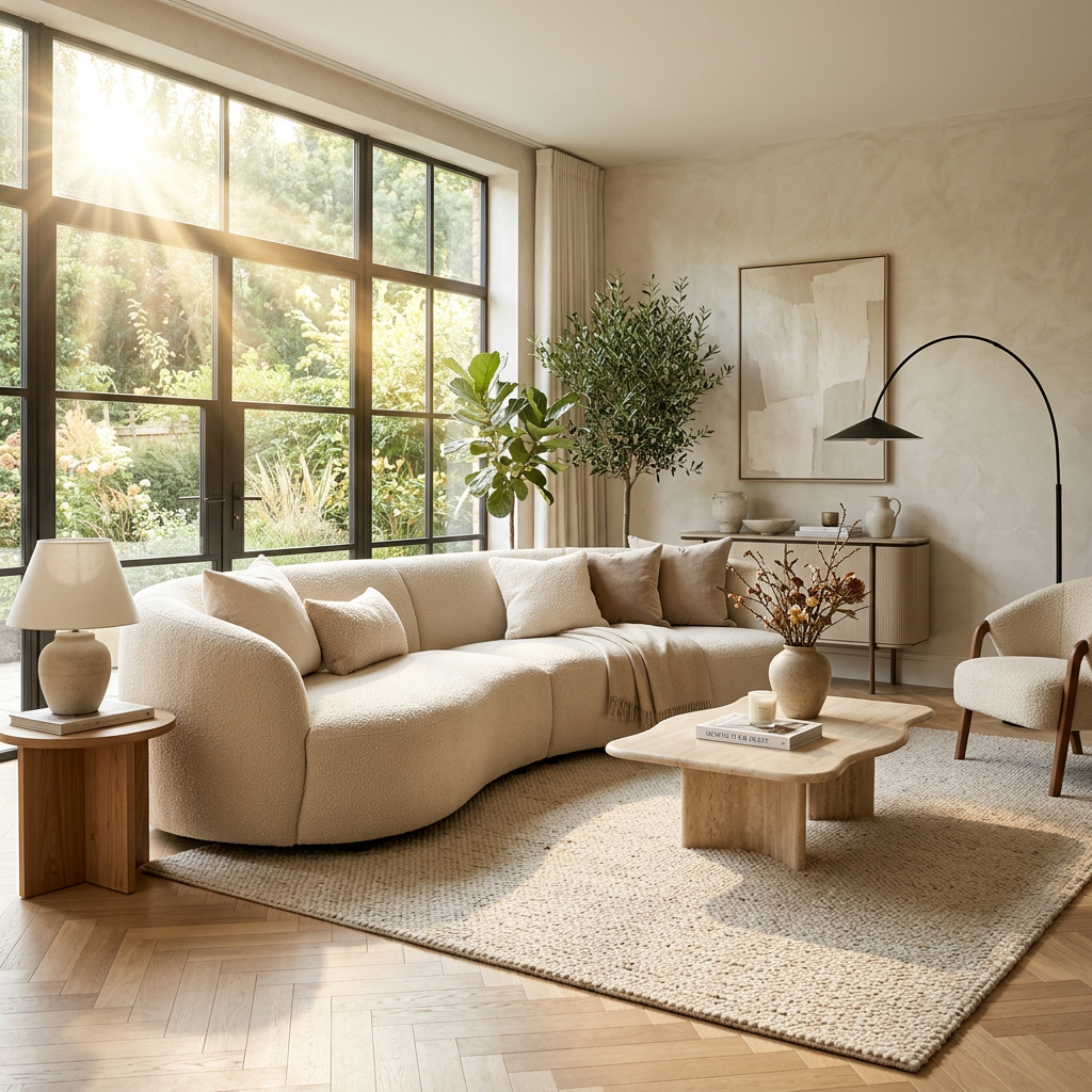 Modern living room with curved cream sofa, large windows, plants, and neutral-toned decor