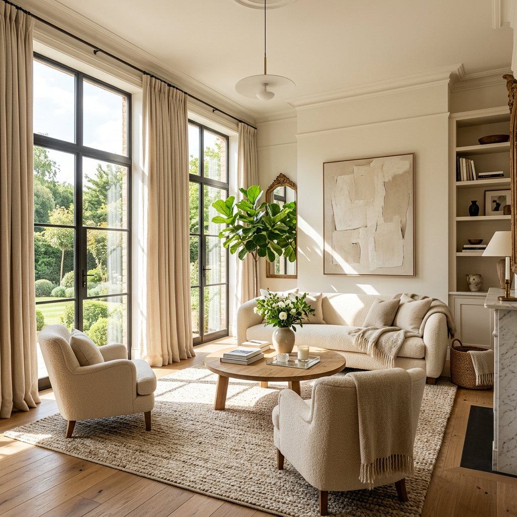 Neutral-tone living room with large windows, armchairs, sofa, and coffee table