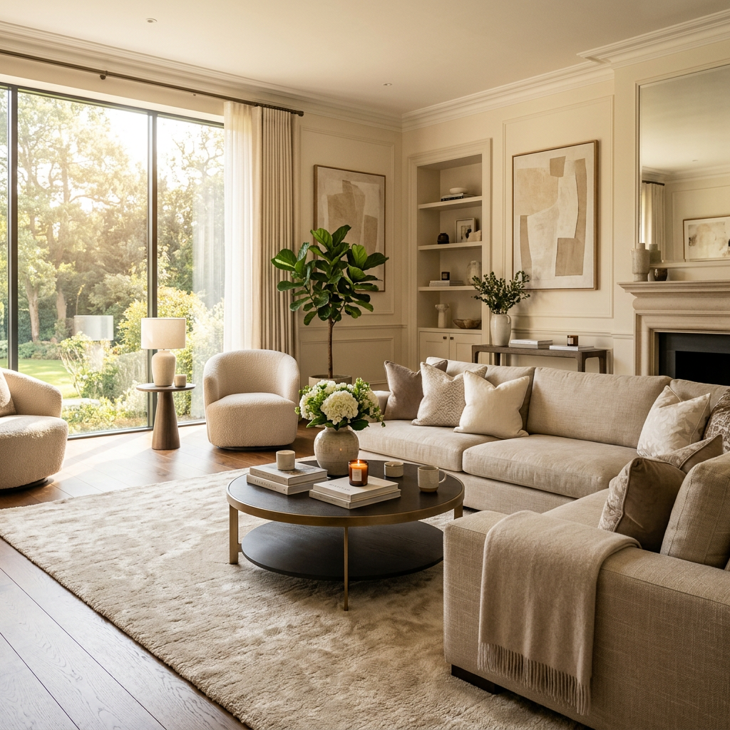 Neutral-tone living room with large sofa, armchairs, coffee table, and large window
