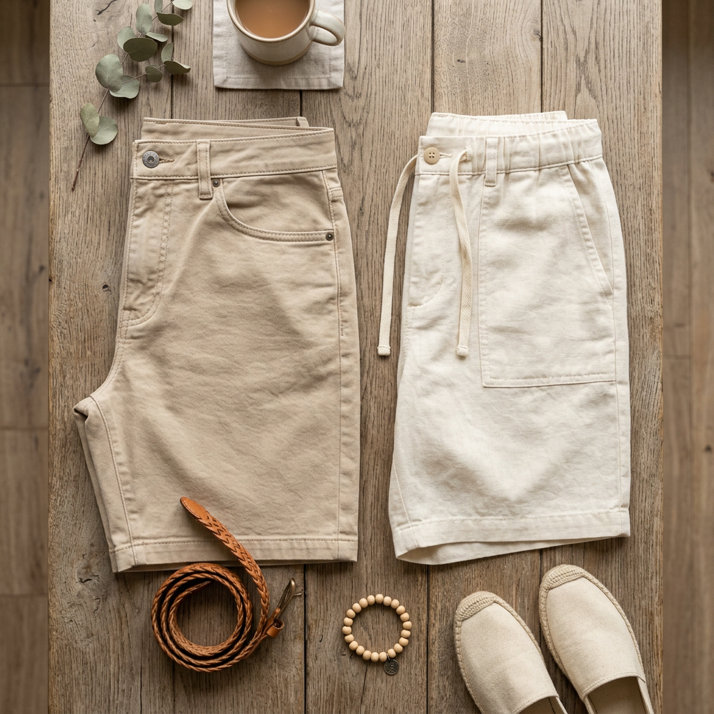 Beige denim shorts, off-white drawstring shorts, brown braided belt, beaded bracelet, cream slip-on shoes, and a cup of coffee on wooden surface