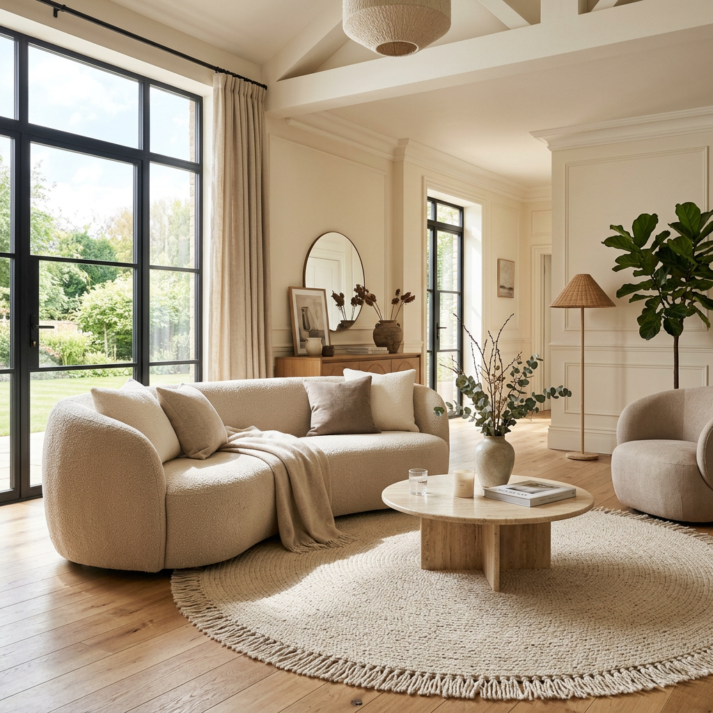 Living room with curved beige sofas, round coffee table, large windows, and green plant