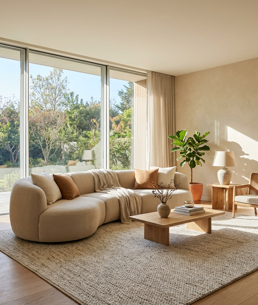 Curved beige sofa with pillows and throw blanket in a sunlit living room with wooden furniture and large windows