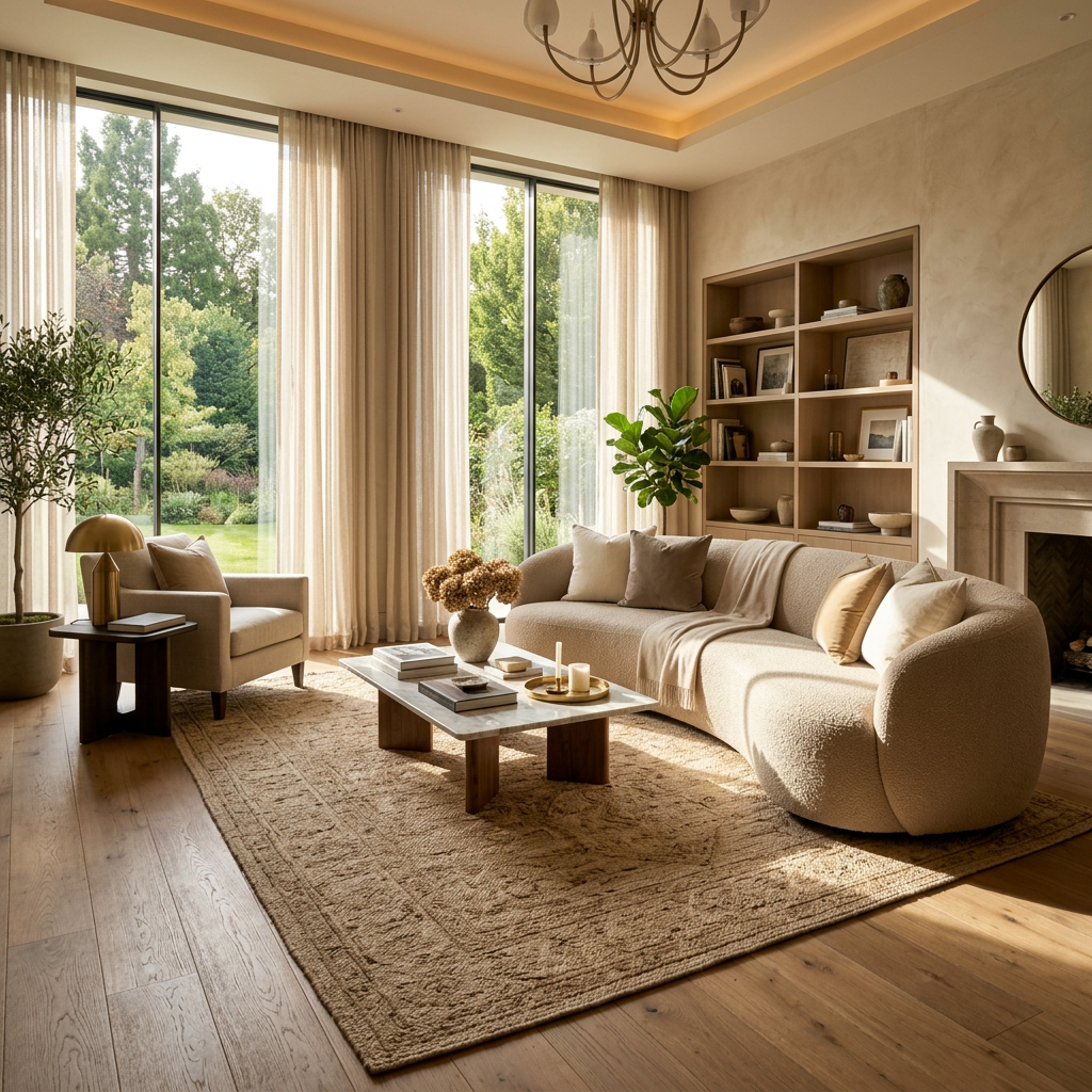 Cozy modern living room with curved sofa, armchair, large windows, and wooden shelves.