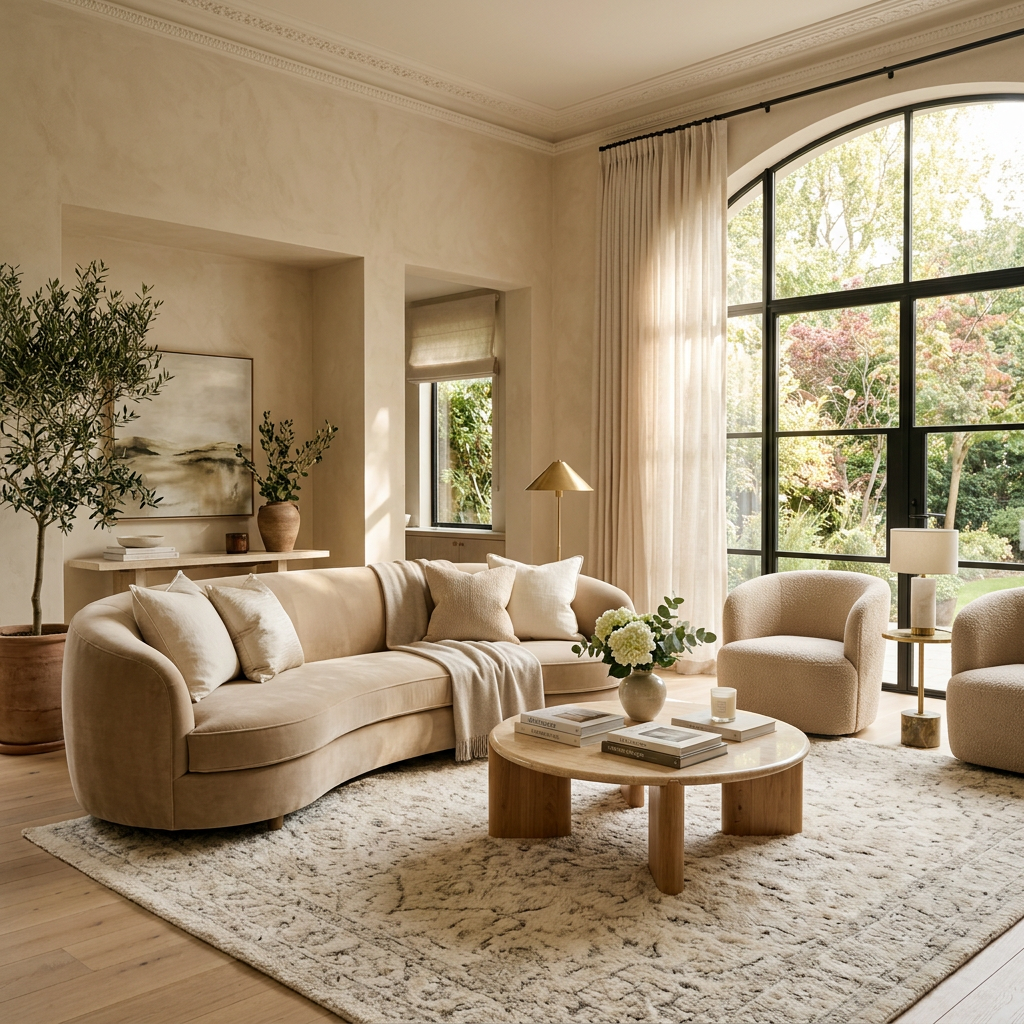 Beige curved sofa, armchairs, round wooden coffee table, large arched windows