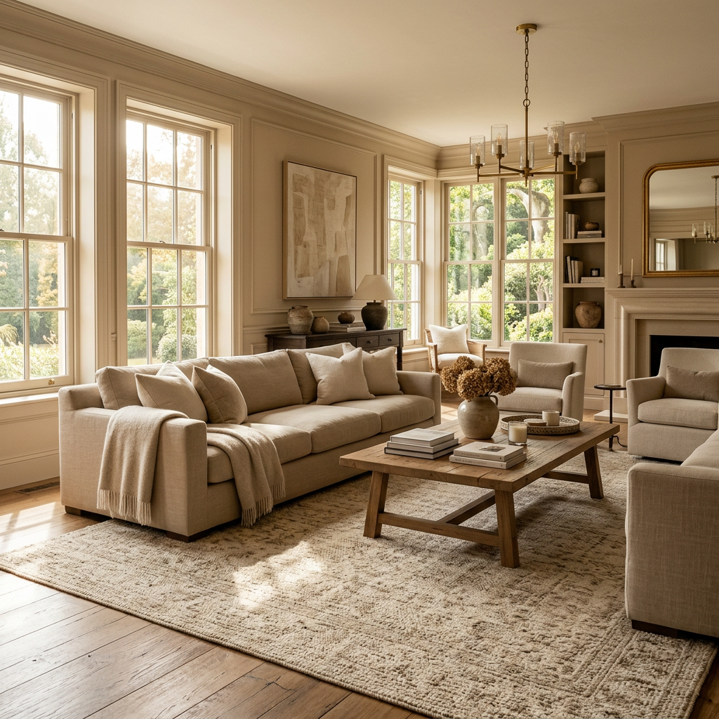 Living room with beige sofa, armchairs, wooden coffee table, and large windows with garden view