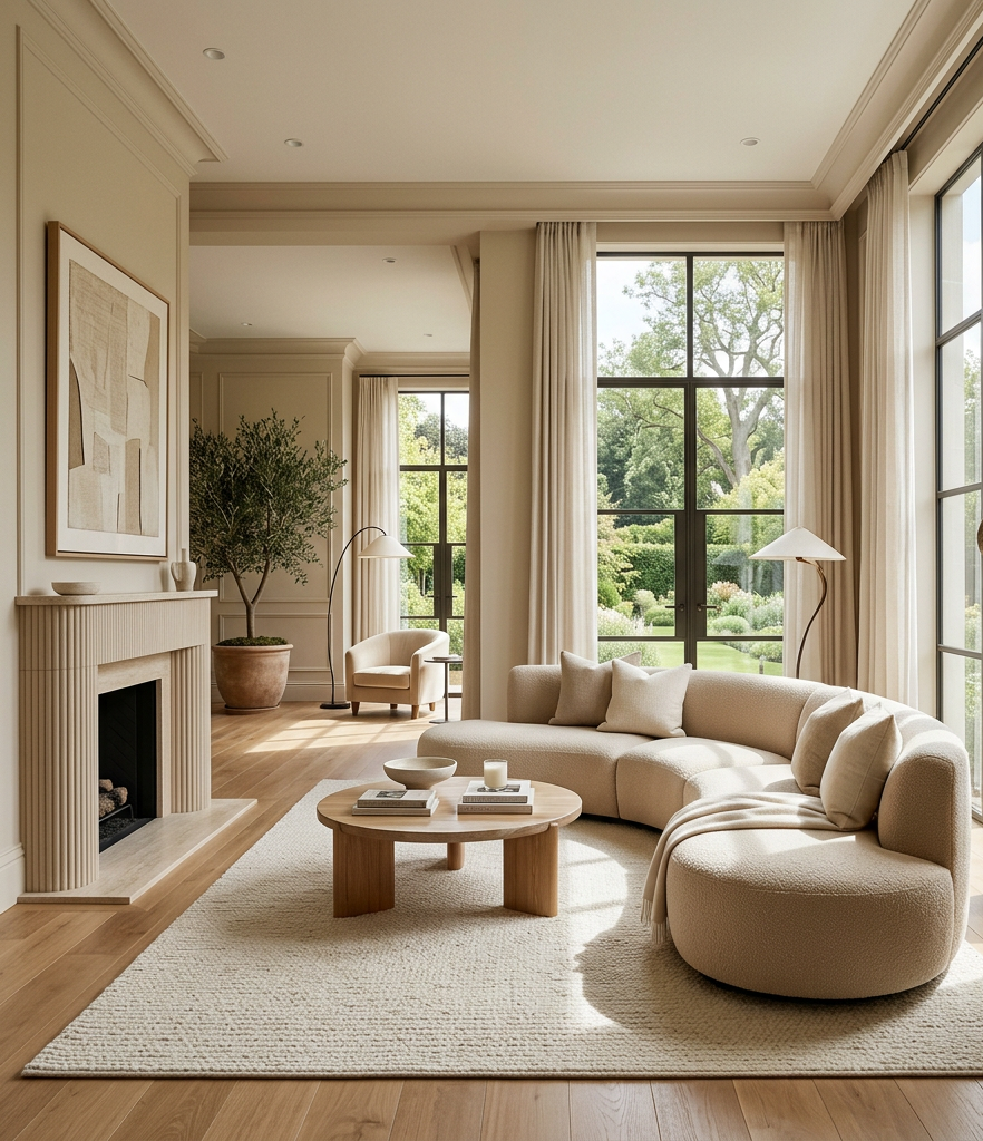 Curved beige sofa, round wooden coffee table, tall windows with garden view