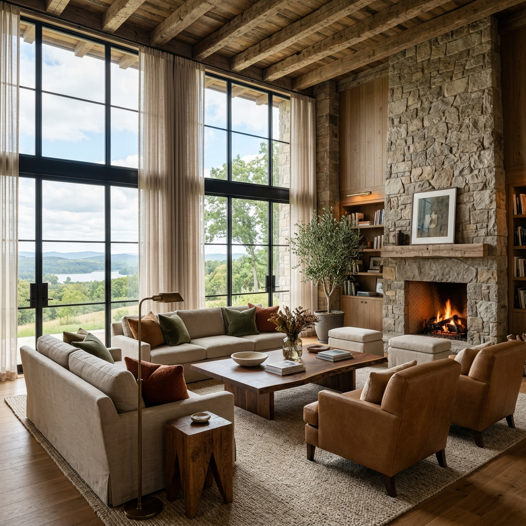 Spacious living room with stone fireplace, large floor-to-ceiling windows overlooking green landscape and lake, beige and brown furniture, and wooden ceiling beams.
