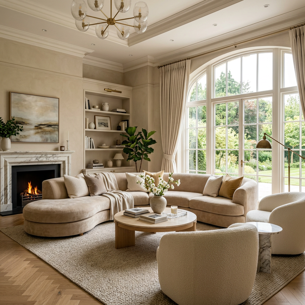 Living room with beige curved sofa, armchairs, round wooden coffee table, fireplace, and large arched windows