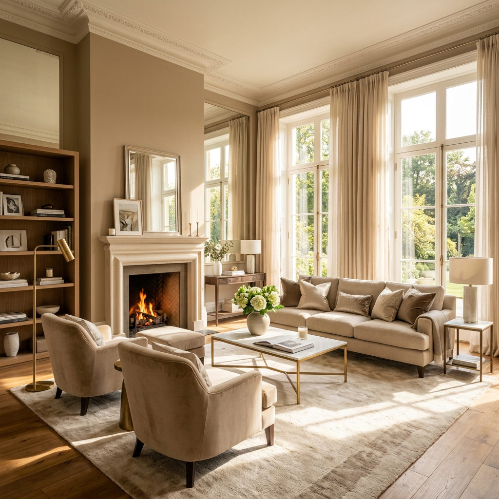 Living room with fireplace, beige sofa, armchairs, coffee table, and large windows.