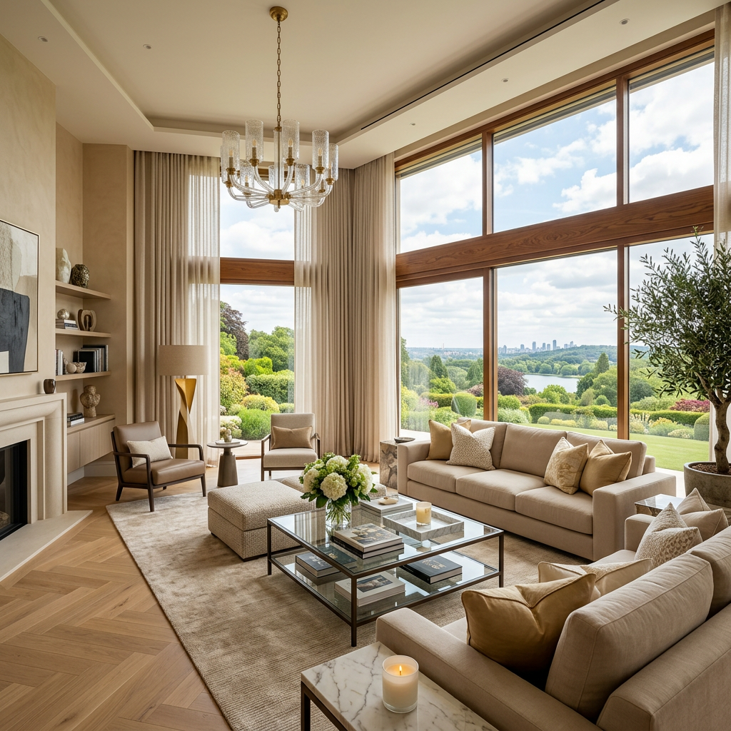 Luxurious beige living room floor-to-ceiling windows