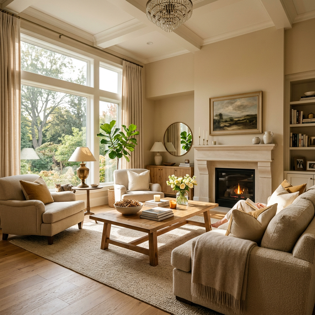 Living room with fireplace, beige sofas, wooden coffee table, large windows, and plants