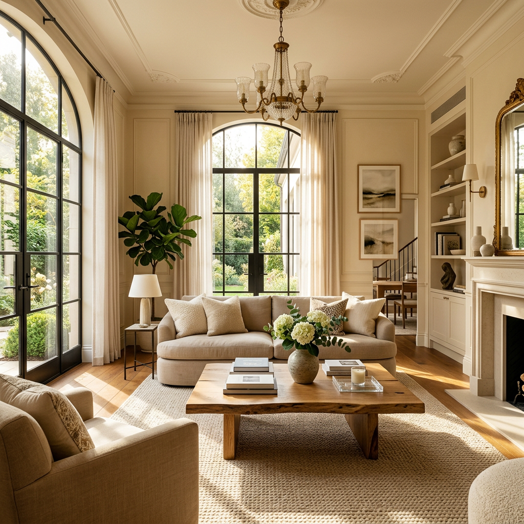 Living room with beige sofa, armchair, wooden coffee table, large arched windows, and garden view