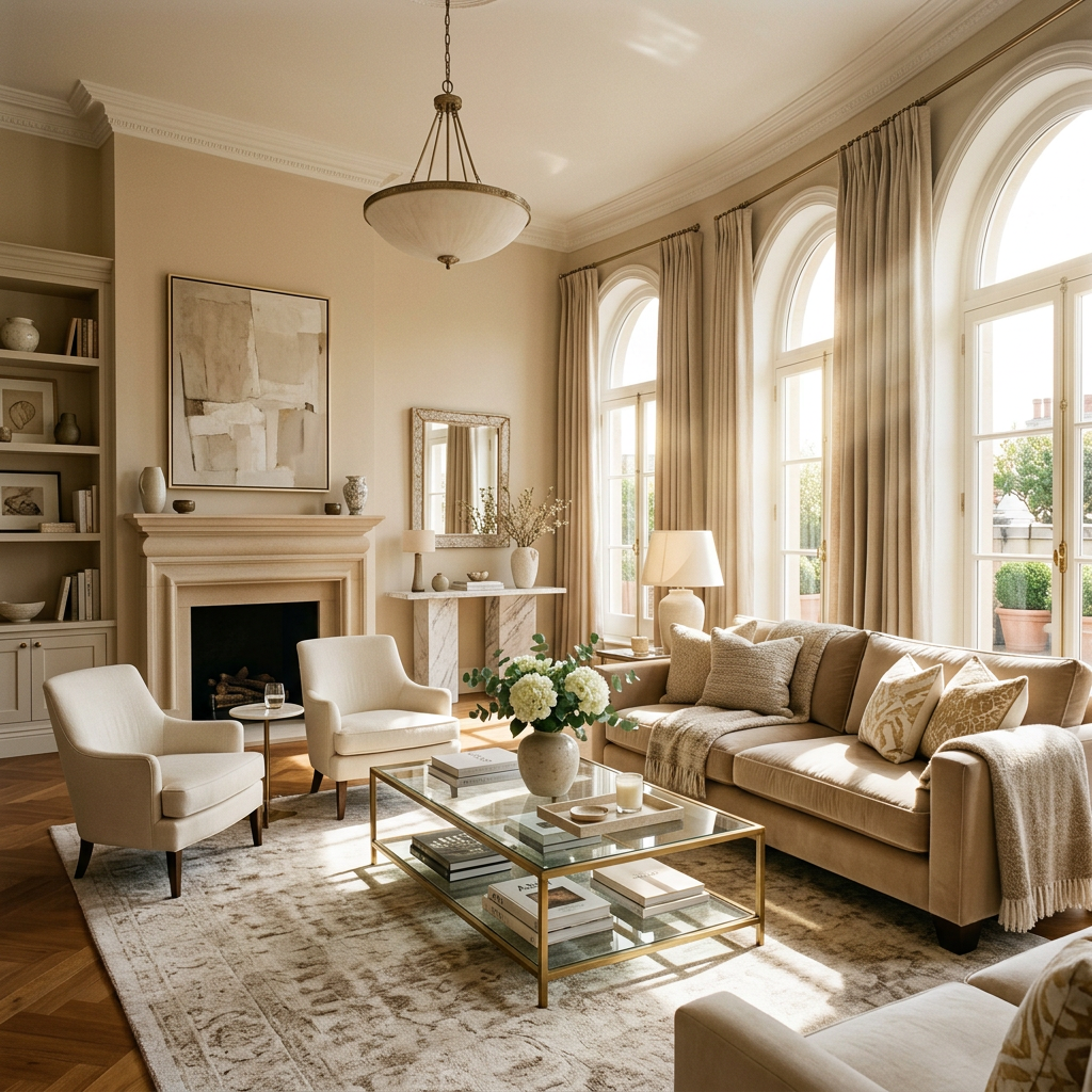 Living room with beige sofa, two cream armchairs, glass coffee table, large arched windows, and fireplace