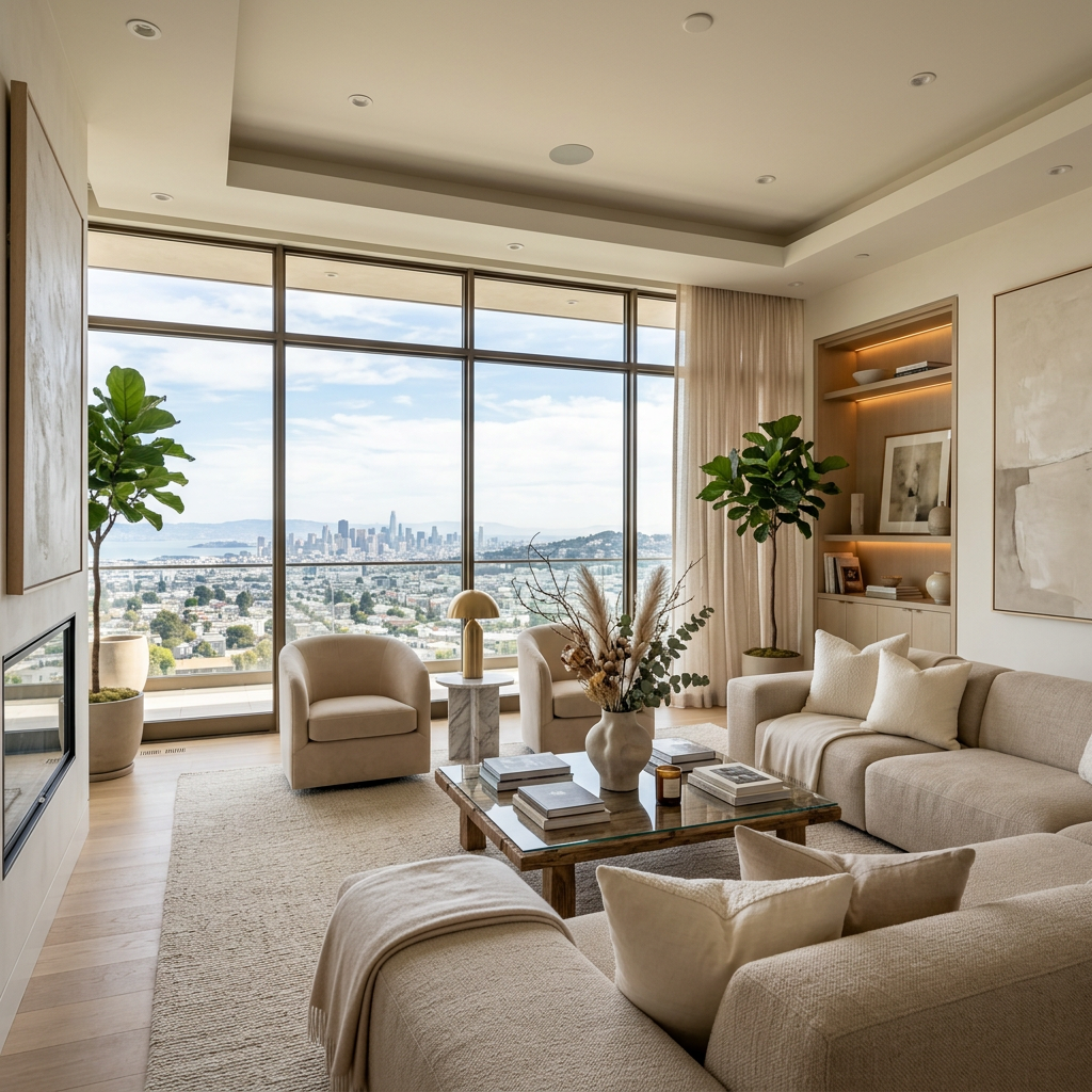 Spacious living room with beige sofas, armchairs, large windows showing cityscape