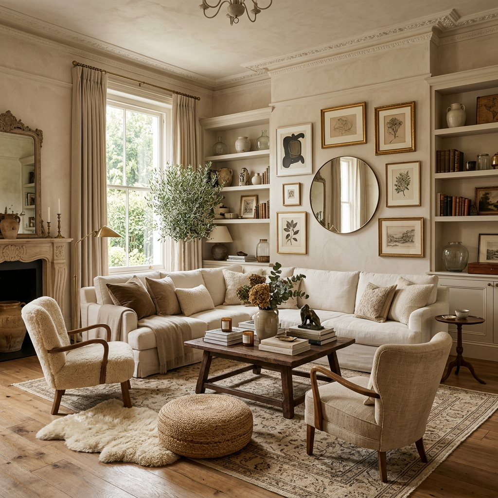 Living room with cream sofa, beige armchairs, wooden coffee table, wall art, and large window