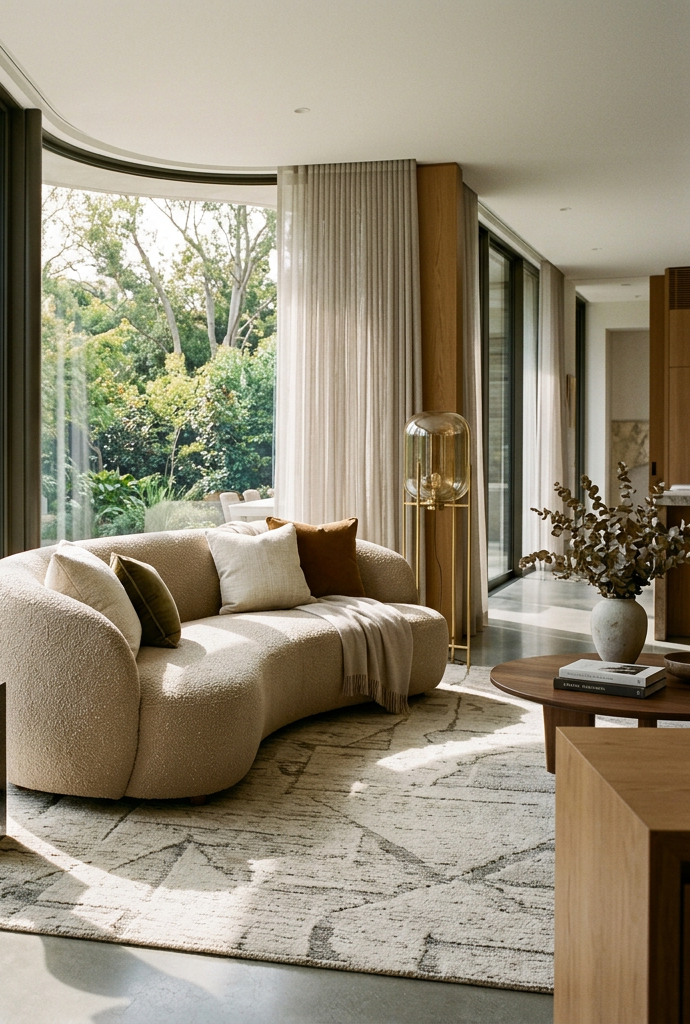 Luxurious interior, floor-to-ceiling windows, streaming light, rounded sofa, sculpture, rug