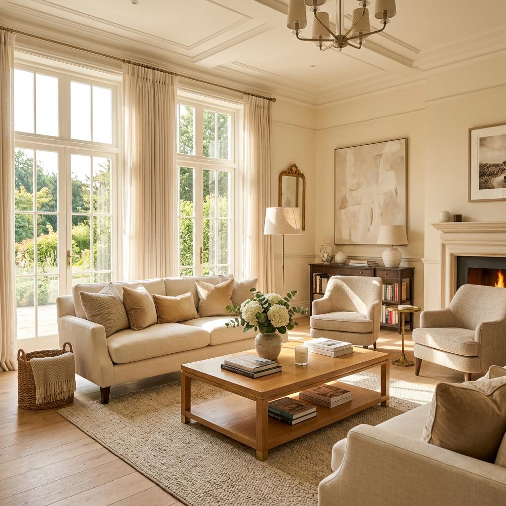 Luxurious beige living room with streaming light