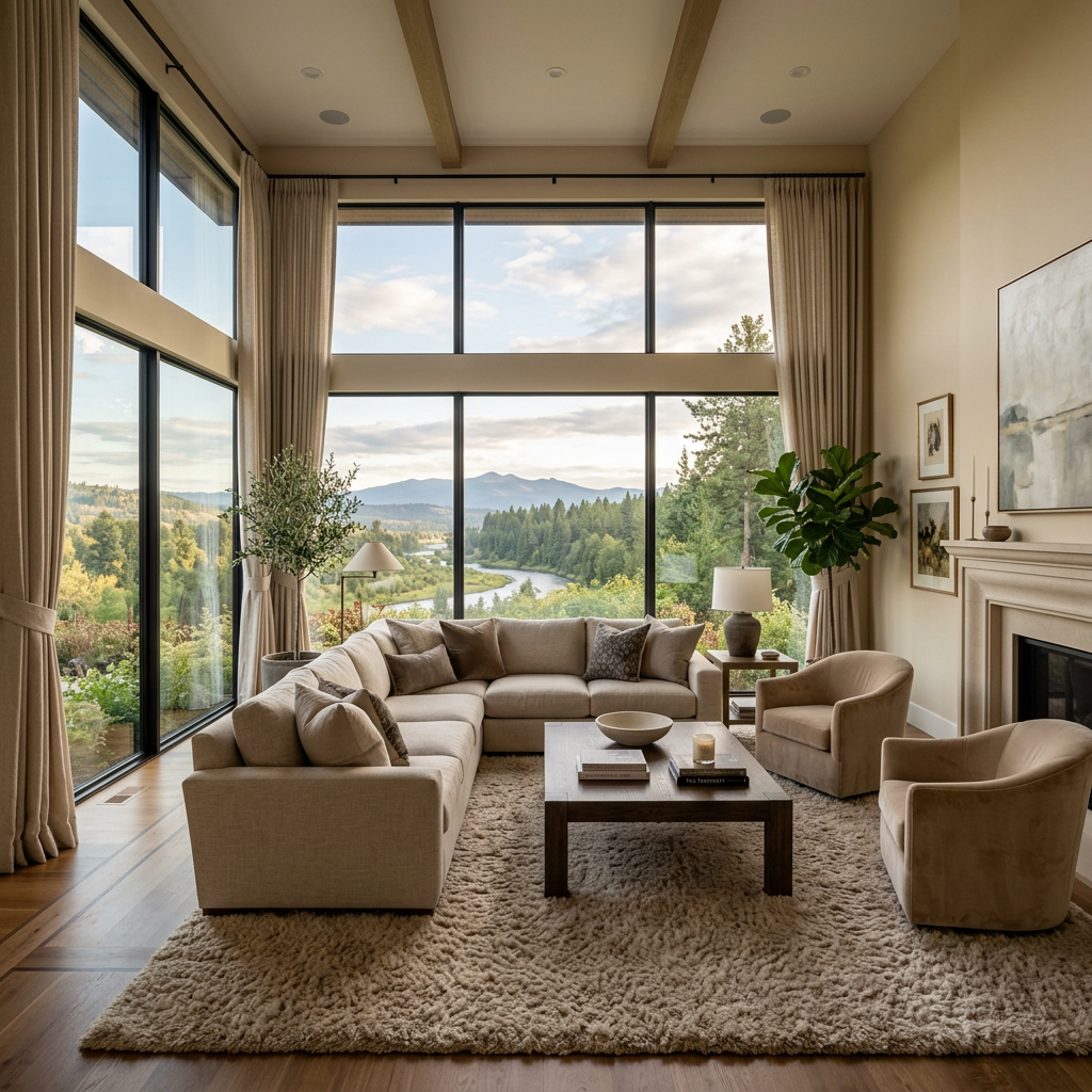 Living room with beige sectional sofa, armchairs, coffee table, and large windows showing river and forest view