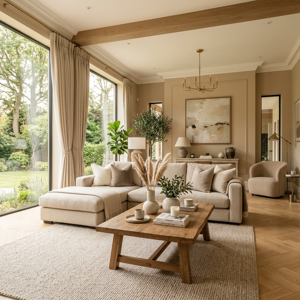 Living room with beige sectional sofa, wooden coffee table, large windows, and lush greenery