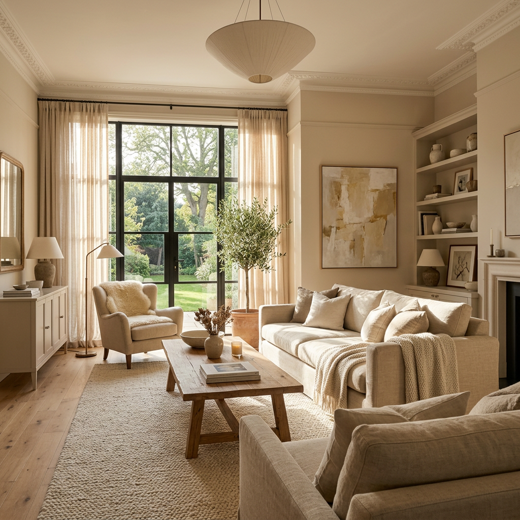 Living room with beige sofas, wooden coffee table, large window with garden view